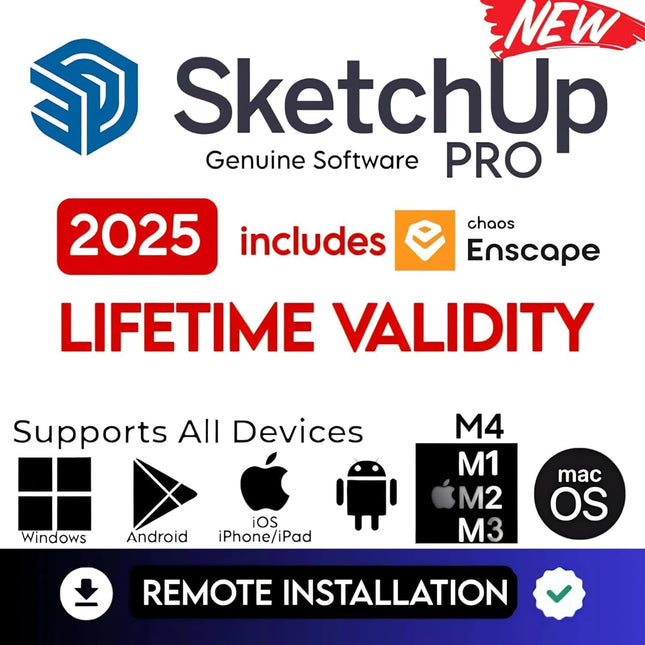 SketchUp Pro 2025 Software (Latest Updated Version) + Enscape/ Vray/ Blender/ Layout Rendering Software (100% Genuine) | 32/64 bits | For Windows & Mac (M1, M2, M3, M4) | 1 Device | Remote Setup Included | Lifetime Validity
