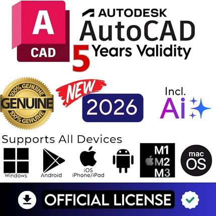 AutoCAD 5 Years Genuine License (with Ai) (Latest 2026 Edition with Ai) 5 Years Subscription (3 Users/ 3 Devices) (For Windows, MacOS, Android, iOS, M1, M2, M3, M4) (INCLUDES 24+ Specialized Toolsets, architecture, engineering, Agriculture & more.)