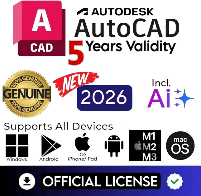 AutoCAD 5 Years Genuine License (with Ai) (Latest 2026 Edition with Ai) 5 Years Subscription (3 Users/ 3 Devices) (For Windows, MacOS, Android, iOS, M1, M2, M3, M4) (INCLUDES 24+ Specialized Toolsets, architecture, engineering, Agriculture & more.)