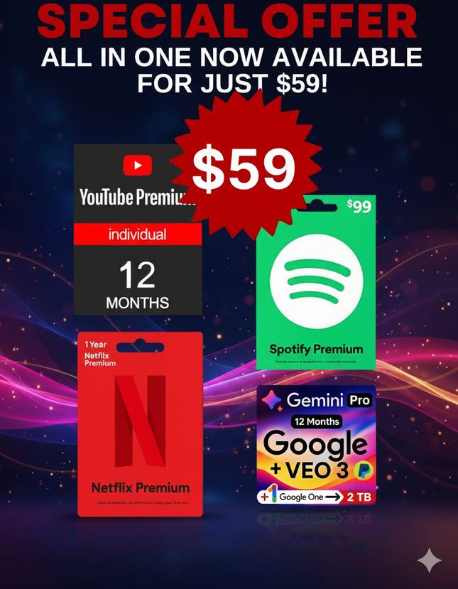 AA0 - For just $49, get YouTube Premium, Spotify Premium, and Netflix + Gemini AI (1-Year Bonus Access!)— all in one unbeatable deal